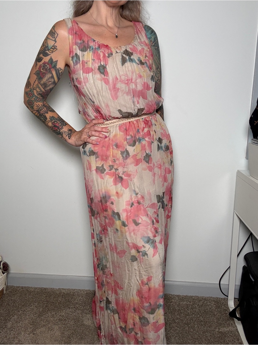 Prontomodo Giusy 100% silk  Pink Floral Maxi Dress - Size M